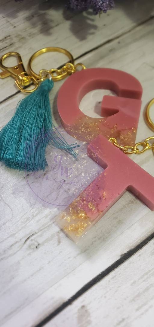 Rose and Gold Foil Flake Keychain | Resin Alphabet Keychain | Resin Letter  Keychain